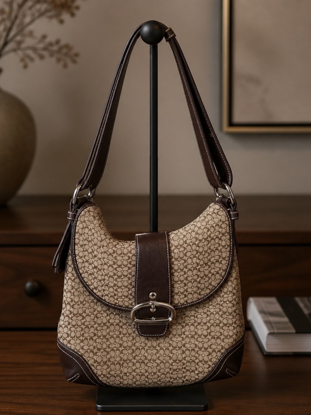 Vintage Y2K Coach Brown Monogram Shoulder Bag with Dark Brown Trim. Great Cond.